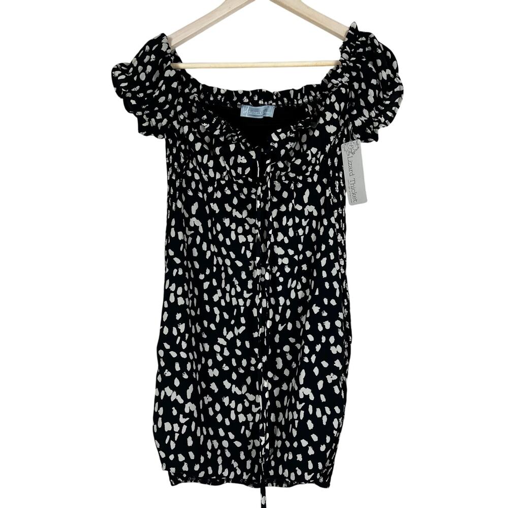 NWT Lizard Thicket Mini Dress Womens S Black Abstract Spotted Smocked Milkmaid